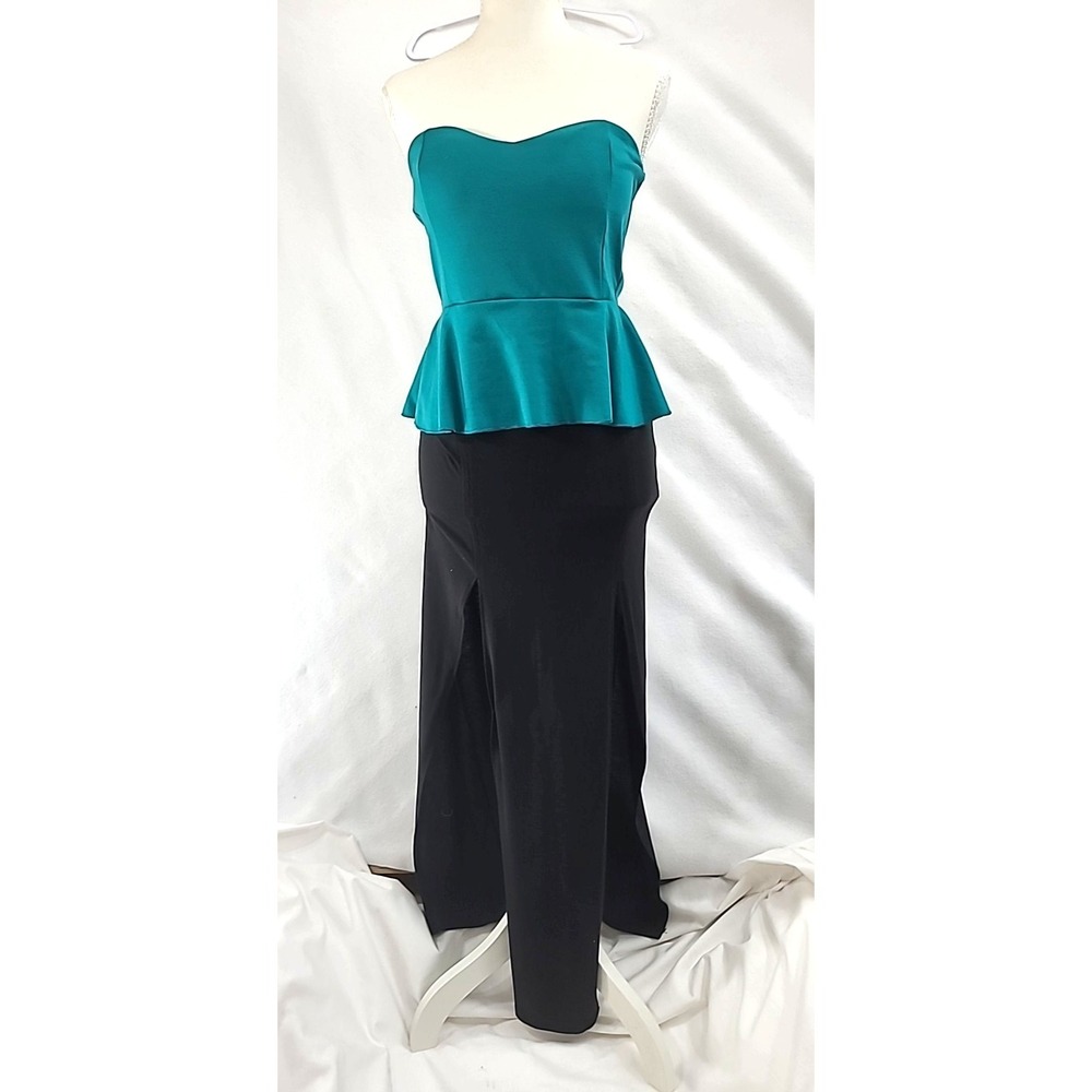 Vtg Mermaid Style Dress L Teal Peplum Bodice Black Maxi Skirt w Dual Side Slits